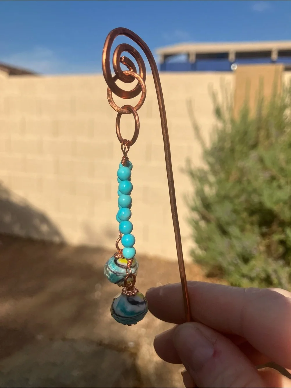 Copper Spiral Hair Stick with Turquoise and vintage glass lamp work Beads